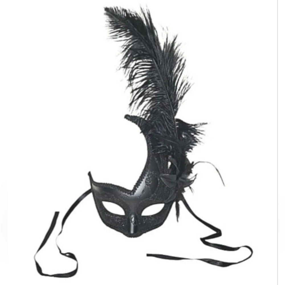 Black Glitter Masquerade Mask with Feathers Venetian Style Carnival/Mardi Gras